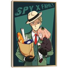 a man holding a child in front of a poster with the words spy x family on it