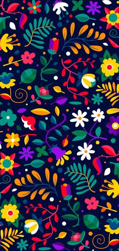 colorful flowers and leaves on a dark blue background