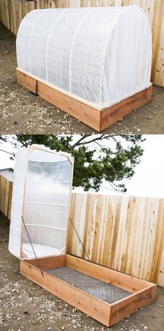 an outdoor bed made out of pallet wood and plastic covering it's sides