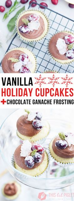 vanilla holiday cupcakes with chocolate ganache frosting and cranberries on top