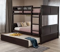 bunk beds with trundle and mattresses are shown in this image, there is also a pull out bed