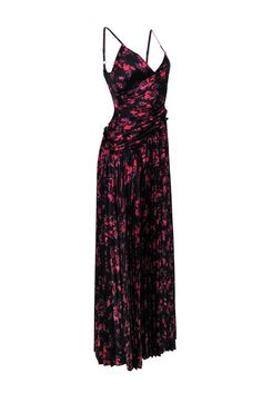 Be ready to turn heads at any formal event with the Monique Lhuillier dress. The stylish black design is accented with a playful pink and purple floral print and a flattering surplice bodice. The ruched waist adds a touch of elegance and pairs perfectly with a pink heel and statement earrings. Size 2 100% Polyester Fully lined Invisible zipper back Adjustable sleeveless straps Pleated bottom Ruched waist Bust 34" Waist 28" Shoulder to hem 61" Black Floral Print Dress With Fitted Bodice, Black Floral Print Formal Dresses, Formal Black Dress With Floral Print, Floral Print Fitted Formal Dress, Monique Lhuillier Dress, Purple Floral Print, Monique Lhuillier, Fashion Night, Pink Heels