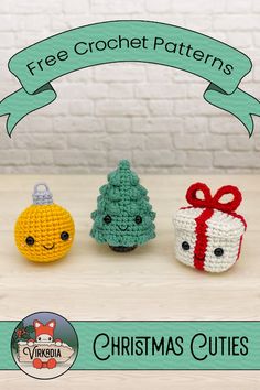 three crocheted christmas ornaments sitting next to each other on top of a table