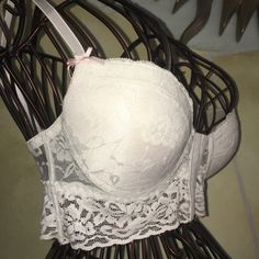 Lace Front Closure Cami-Style Underwire Padded White Pink Bows Fitted Padded Cup Camisole, Lace Tops With Underwire And Bra Friendly Design, White Camisole With Removable Bra Pads, Stretch Lace Bra With Lined Body, Push Up Lingerie, Strappy Bra, Mesh Bra, Pink Bows, Sleep Wear