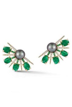 KATHERINE JETTER JEWELRYFINE JEWELEARRING YLWGOLD Emerald and Pear Fan Earrings Double Stud Earrings, Pearl Trend, Neck Pieces Jewelry, Pearl Jewels, Lace Earrings, Fan Earrings, Tahitian Pearls, Emerald Jewelry, Pearl Diamond