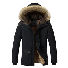 HQI Men's Classic Sports Fashion Black Coat Jacket Fur Collar Hooded Thick Parka Winter Coat Jacket Winter Parka Men, Mens Parka Jacket, Men Winter Jacket, Hooded Winter Coat, Long Overcoat, Winter Outwear, Winter Parka, Mens Parka, Winter Jacket Men