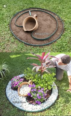 a man kneeling down in front of a garden with plants and rocks on the ground