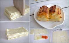 four pictures showing different stages of how to make crepe sandwiches with butter and jelly