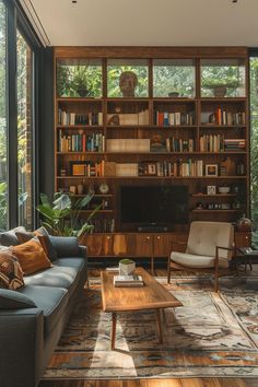 a living room filled with furniture and bookshelves in front of a large window