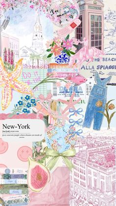 a collage of pink, blue and white images with words on them that say new york