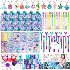 mermaid party supplies and decorations for girls, including balloons, streamers, cupcake toppers, bracelets and more