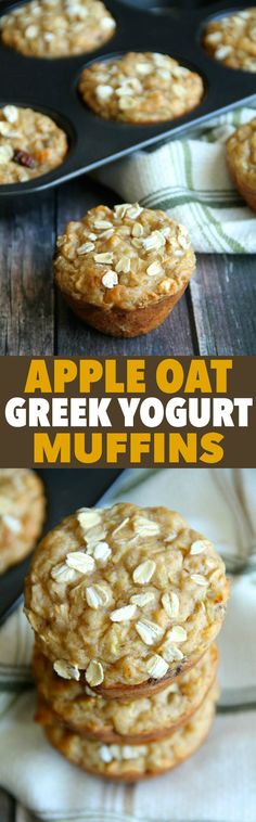 apple oat greek yogurt muffins stacked on top of each other