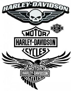 three harley davidson logos, one with skull and the other with eagle emblems on it