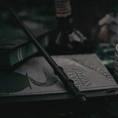 a harry potter book and wand sitting on top of a table next to other items