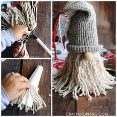 this is an image of someone making a hat out of yarn and other things that are on the table