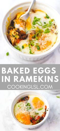 two bowls filled with baked eggs in ramekins