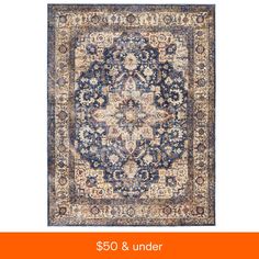 an orange and blue rug with the words $ 50 & under