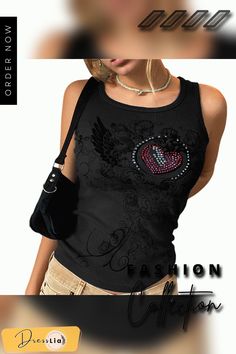 Women Rib Knit T-shirts Summer Casual Sleeveless Round Neck Heart Pattern Rhinestone Slim Crop Top Tees for Young Teens Casual Sleeveless Tops With Rhinestones, Casual Embellished Tank Top, Y2k Summer Tops With Rhinestones, Summer Y2k Tops With Rhinestones, Sleeveless Top With Heart Graphic For Spring, Sleeveless Summer Top With Heart Graphic, Sleeveless Spring Top With Heart Graphic, Summer Heart Graphic Tank Top, Trendy Sleeveless Top With Heart Graphic