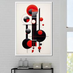 an abstract painting hangs on the wall above a console table in a modern living room