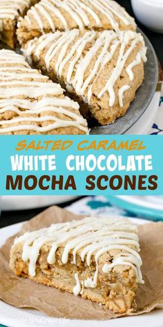 white chocolate mocha scones with icing on top and in the background, there is