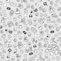 an image of many different cartoon characters on a gray background with black and white lines