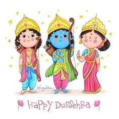 three little kids dressed up as hindu deities with the words happy dusseha written on them