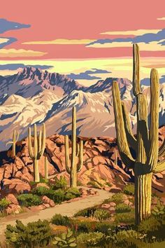 a painting of a desert landscape with cactus trees and mountains in the background at sunset