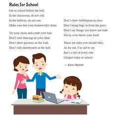 the rules for school are to be followed by two children and one is using a laptop