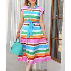 J Crew Women' Maxi Collared Shirt Rainbow Stripe Midi Cotton Dress Size 00 Nwt Material:100% Cotton Arm Pit To Arm Pit 17 Inches Across Approximately Length 47 Inches Approximately *New, In The Last Photo The Loop Is Pulled. Striped Collared Vacation Dress, Multicolor Collared Shirt Dress For Summer, Multicolor Short Sleeve Chic Shirt Dress, Striped Collared Dresses For Vacation, Chic Multicolor Short Sleeve Shirt Dress, Spring Striped Collared Dress, Multicolor Shirt Dress For Summer, Collared Pink Dress For Vacation, Pink Collared Dress For Vacation