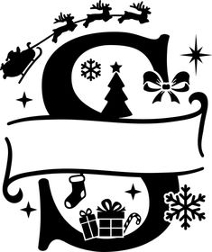 a black and white image of the letter q with christmas decorations, presents and gifts