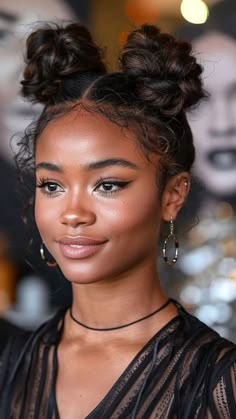 20 curly hair updos ideas you will love 8 Braids In Space Buns, Hairstyles With Earrings, Cute Two Buns Hairstyles Black Women, B2 Hair Styles, Black Hair Buns Updos, Messy Ballerina Bun, Braided Bun Hairstyle, How To Do Your Hair For School, 3 Buns Hairstyle