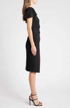 Move gracefully in this sophisticated sheath updated with fluttering sleeves and an eye-catching back cutout. Soft ruching and a layered skirt complete this polished look. 42" length Hidden back zip; cutout with button-and-loop closure Square neck Short sleeves Lined 77% polyamide, 16% rayon, 7% spandex Dry clean Made in the USA of imported fabric Fitted Sheath Midi Dress With Pleated Back, Sheath Midi Dress With Pleated Back, Fitted Midi Dress With Flutter Sleeves For Evening, Fitted Flutter Sleeve Midi Dress For Evening, Chic Fitted Midi Dress With Flutter Sleeves, Fitted Evening Midi Dress With Ruffle Sleeves, Formal Cap Sleeve Dresses With Pleated Back, Elegant Cap Sleeve Dress For Night Out, Evening Fitted Midi Dress With Ruffle Sleeves