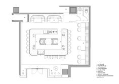 the floor plan for a restaurant with seating areas and an open kitchen area, including a dining