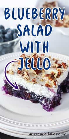 blueberry salad with jello on a white plate and text overlay that reads, blueberry salad with jello