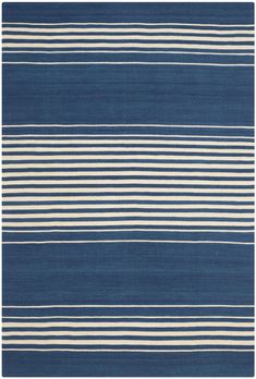 a blue and white rug with horizontal stripes