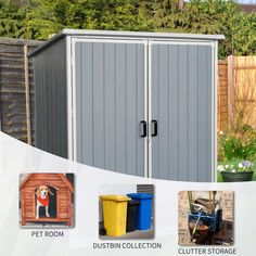 an outdoor storage shed is shown with its doors open and pictures on the wall above it