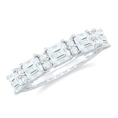 Asscher and Round Cut Moissanite Half Eternity Band Ring - Rosec Jewels Asscher Cut Eternity Band With Diamond Accents, White Diamond Ring Vvs Clarity Asscher Cut, White Emerald Cut Eternity Band With Brilliant Cut, Timeless White Moissanite Eternity Band, Elegant White Emerald Cut Eternity Band, White Asscher Cut Elegant Eternity Band, White Eternity Band With Diamond Accents And Baguette Cut, Asscher Cut Cubic Zirconia Eternity Band For Formal Occasions, Formal Asscher Cut Cubic Zirconia Eternity Band