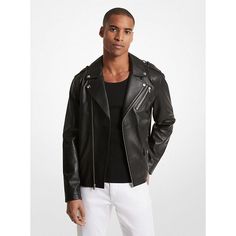 Elevate your style with the Michael Kors Men's Moto Leather Jacket. Crafted from luxurious buttery-smooth leather, this jacket exudes sophistication and edge. Its timeless silhouette is punctuated by snap fastenings on the collar and cuffs, and dual metallic zip pockets add a classic touch. Make a statement in this premium jacket. Sophisticated Silhouette: Classic moto style that never goes out of fashion. Snap Fastenings: Chic detailing on the collar and cuffs for a polished finish. Dual Metall Leather Biker Jacket With Metal Zipper, Black Leather Motorcycling Jacket, Designer Black Single-breasted Leather Jacket, Luxury Single-breasted Men's Biker Jacket, Leather Single-breasted Long Sleeve Biker Jacket, Marc New York, Michael Kors Men, Moto Style, Men's Leather Jacket