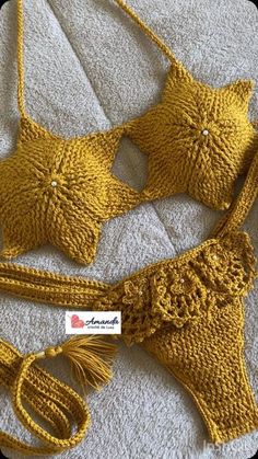 two pieces of yellow crocheted bikinisuit with matching straps