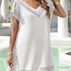 Lasaky - Premium Womens Solid Color V-Neck Cover-Up Shirt: Featuring Split Hollow Out Design, Loose-Fit Beachwear Cover-Up Dress in High-Quality Fabric, Ideal for Swimwear & Casual Wear Beach Holiday Dresses, Beach Mini Dress, Beach Coverup Dress, Cover Beachwear, Split Dress, Swimwear Cover Ups, Beachwear For Women, Swimwear Cover, Loose Dress