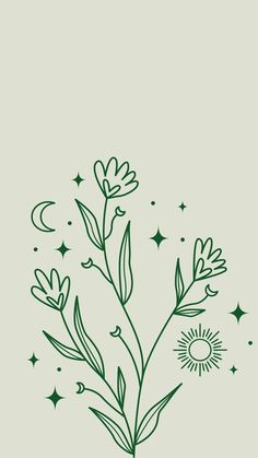 a drawing of flowers and stars on a green background