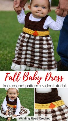 a baby wearing a brown and white crochet dress