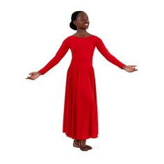 A simple classic look for your liturgical dance group. This Eurotard 13524C Polyester Dance Dress is floor length, but can be cut to any length without hemming (fabric won't run/fray). This pull-over dress has a modest round neckline and lined bodice. A classic, polyester praise dress with a modest scoop neck, long sleeves, and front lined bodice. The 'V' shaped waist fits and flatters a wide range of body types, making this style a popular concert dress for choir groups and liturgical uniform for dance ministries. The polyester material does not fray or unravel, so the skirt can be cut to any desired length without needing to be hemmed. Content: Polyester Click here For Adult Sizes Eurotard 13524 Adult Dress Shown Classic Fitted Full-length Dress, Long Dress With Modesty Panel, Full Length Stretch Solid Color Dress, Solid Full Length Stretch Dress, Fitted Ballet Dress For Dance, Praise Dress, Worship Dress, Concert Dress, Liturgical Dance