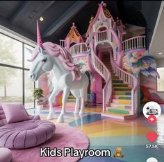 this is a kid's playroom with a unicorn in the center and stairs leading up to it