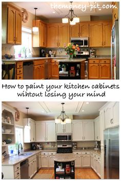 the kitchen cabinets are painted white and have brown trim