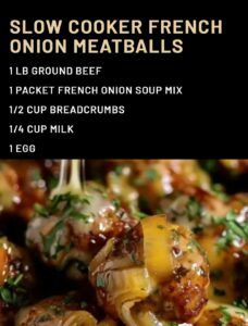 the recipe for slow cooker french onion meatballs is shown in two different languages