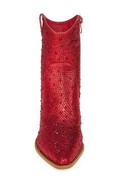 Put some pep in your step when you dance the night away in this Western-inspired boot that's covered in shimmering rhinestones. 3" heel 5 1/2" shaft Synthetic upper, lining and sole Imported Bedazzled Cowboy Boots, Guy Shoes, Western Booties, Red Glitter, Naples, Bootie, Cowboy Boots, Dream Wedding, Shoes Mens