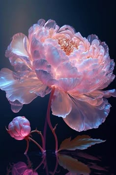 a large pink flower sitting on top of a glass table next to a water reflection