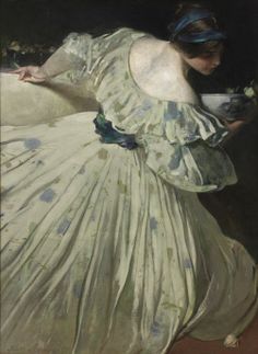 a painting of a woman in a white dress with blue flowers on it's back