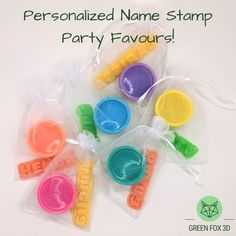 personalized name stamp party favors in plastic bags on white background with green fox logo